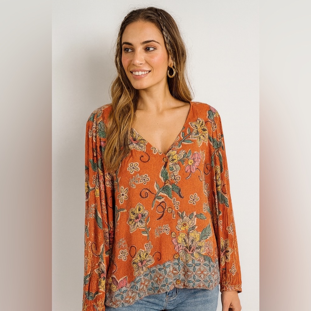 Willow Root V-neck Boho Orange Floral Print Shirt